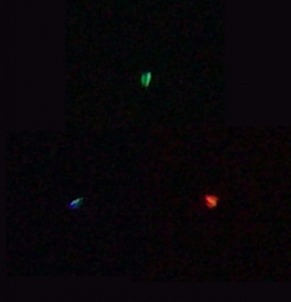 Fig. 5 : Image test de Bételgeuse avec le prisme RGB sur un Sony a7S avec Canon FD f/1.4/50 mm, ISO 3200, balance des blancs 3 600 K, exposition 0.5 s à f/1.4, à grossissement 10 X. Pour un film à 25 images par sec, la valeur ISO devrait être portée à 40 000, toutes choses identiques par ailleurs.